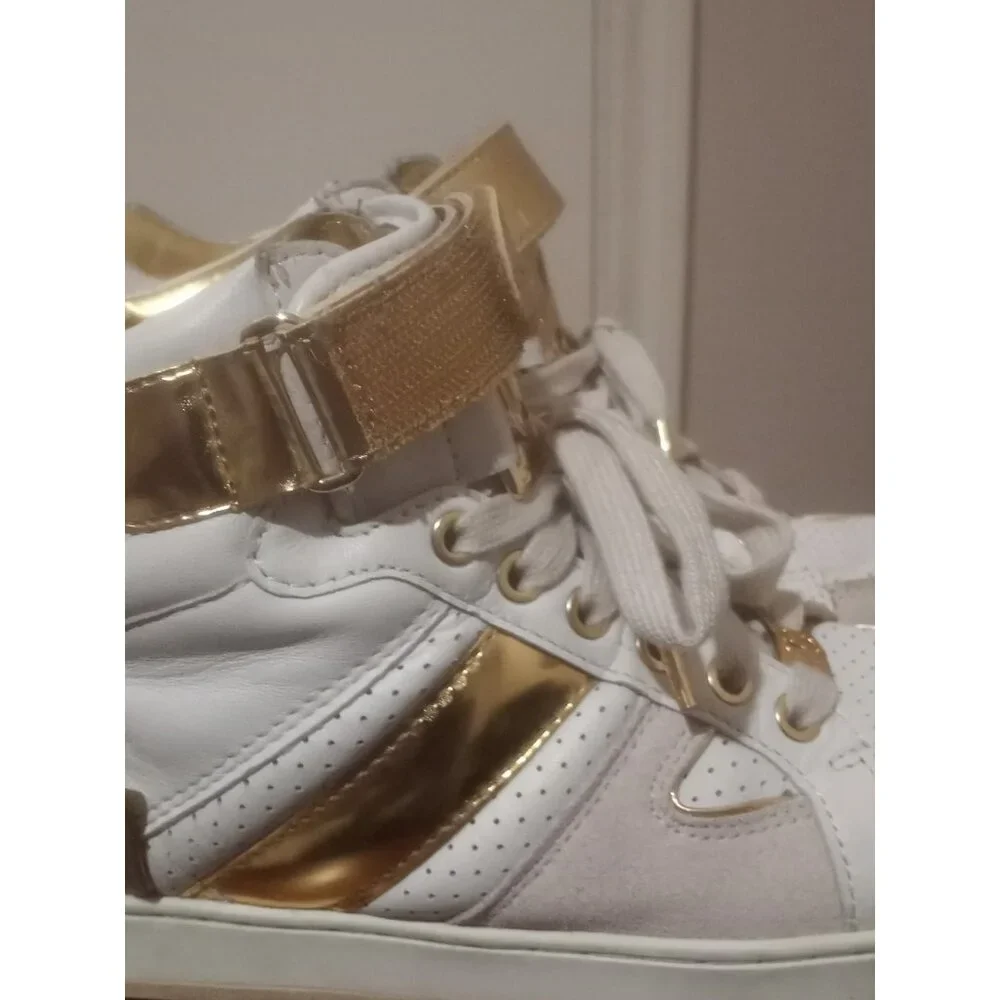 Women Michael Kors Athletic Tennis Shoes hightop logo SZ 7.5M Gold/white Leather - Picture 5 of 14